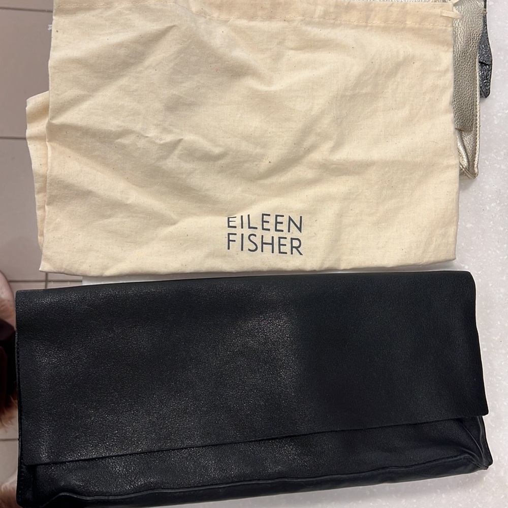 Black leather Eileen Fisher clutch